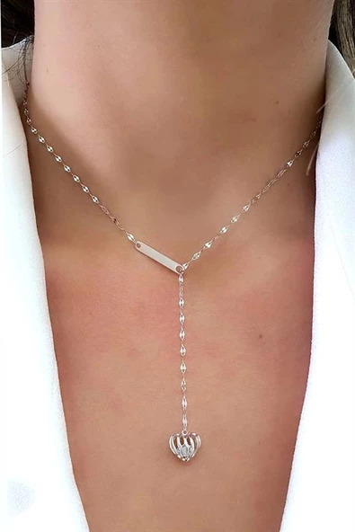 İtalyan 925Ayar Gümüş Kalp İçinde Swarovski Taşlı Ayarlanabilir Y Kolye ürün görseli