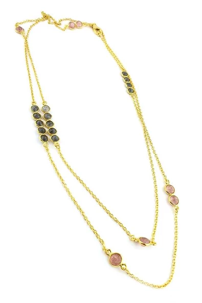 Pembe Kuvars Ve Labrodorite Taşlı 925Ayar Gümüş Üzerine Altın Kaplama Tasarım Doğal Taş Uzun Zincir Kolye ürün görseli