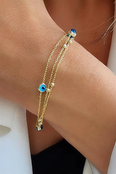 925 Ayar Gümüş Üzerıne Altın Kaplama 3 Zincirli Nazar Boncuklu Bileklik ürün görseli
