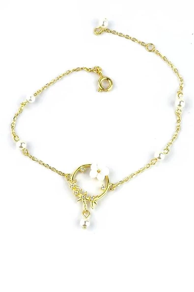 Sedef Taslı El İşi 925 Ayar Gumuş Uzerıne Altın Kaplama Manolya Bıleklık ürün görseli