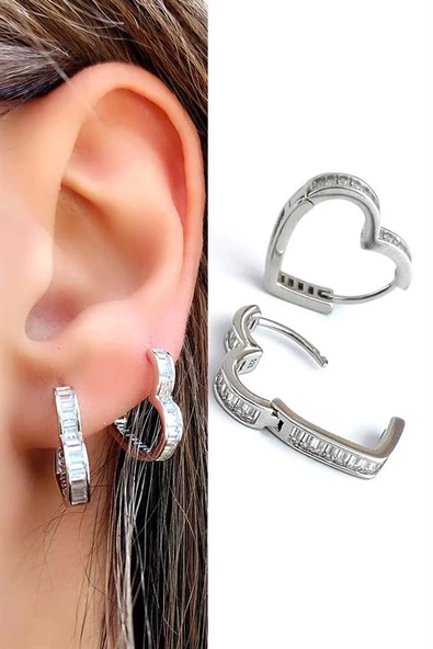 Baget Zirkon Taş Detaylı 925 Ayar Gümüş İtalyan Kalp Şeklinde Halka Küpe ürün görseli