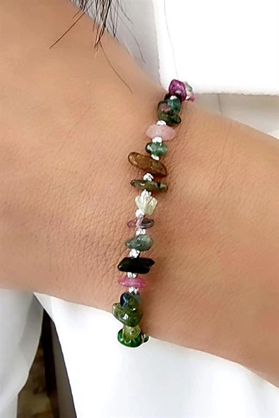 Dogal Turmalin Taslı 925 Ayar Gümüş Dorika Detaylı Doğal Taş Bıleklı ürün görseli