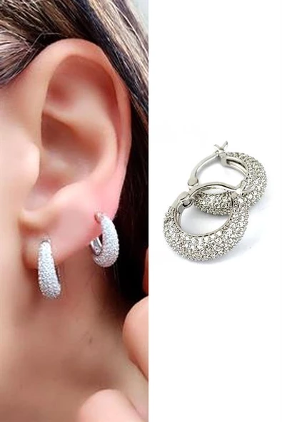 Zirkon Taş Detaylı 925 Ayar Gümüş   Bombeli Halka Küpe ürün görseli