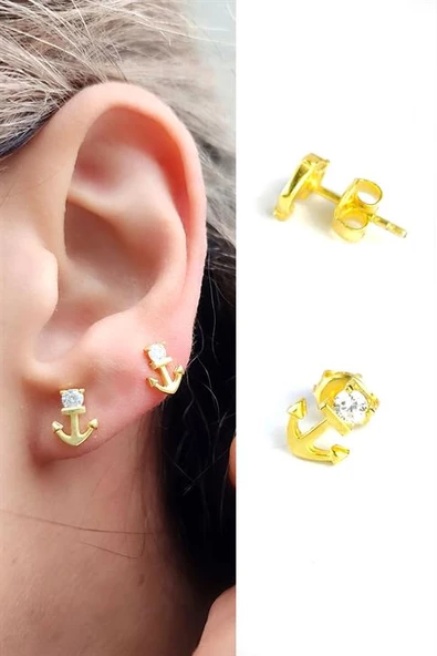 Çapa Figürlü Zirkon Taş Detaylı 925 Ayar Gümüş Üzerine Altın Kaplama Küpe ürün görseli