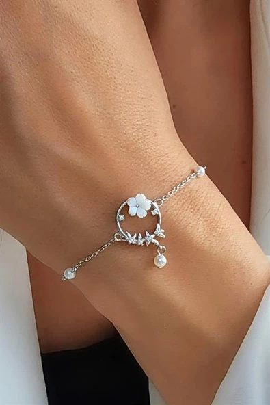 Sedef Taslı El İşi 925 Ayar Gumuş Uzerıne Altın Kaplama Manolya Bıleklık ürün görseli