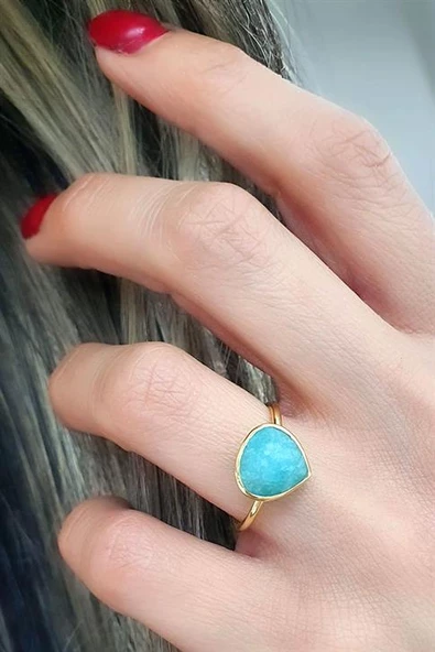 Amazonit Taşlı 925Ayar Gümüş Üzerine Altın Kaplama Tasarım Doğal Taş Yüzük ürün görseli