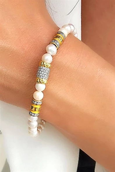 Dogal İncilı 925 Ayar Gumuş Uzerıne Altın Kaplama Zırkon Tas Detaylı Tasarım Bileklik ürün görseli