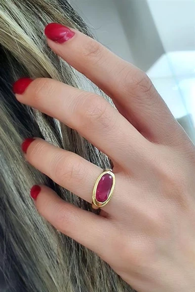 Kök Yakut Taşlı 925Ayar Gümüş Üzerine Altın Kaplama Tasarım Doğal Taş Yüzük ürün görseli