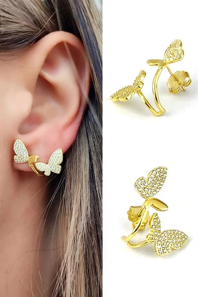 925 Ayar Gümüş Üzerıne Altın Kaplama Tasarım Kelebek Küpe ürün görseli