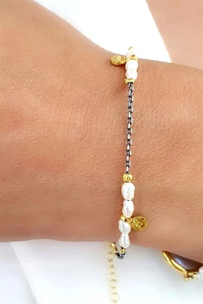 İNCILI 925Ayar Gümüş Üzerine Altın Kaplama Pullu Tasarım Doğal Taş Bileklik ürün görseli