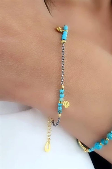 Turkuaz Taşlı 925Ayar Gümüş Üzerine Altın Kaplama Pullu  Tasarım Doğal Taş Bileklik ürün görseli