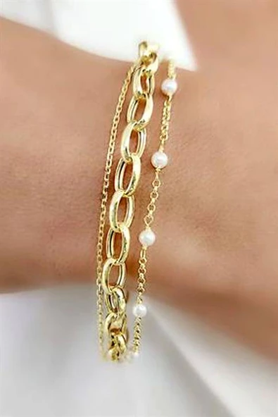 Incı Detaylı 925 Ayar Gümüş Üzerıne Altın Kaplama Uc Zincirli İtalyan Bileklik ürün görseli