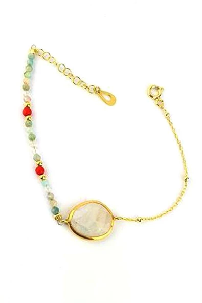 Barok Apatit  Mercan  Taşlı Ay Taşı 925Ayar Gümüş Üzerine Altın Kaplama Tasarım Doğal Taş Bileklik ürün görseli