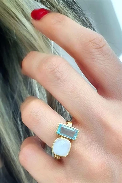 Ay Taşı Ve Aquamarin Taşlı 925Ayar Gümüş Üzerine Altın Kaplama Tasarım Doğal Taş Yüzük ürün görseli