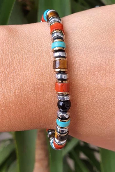 Akik Turkuaz Kaplan Gözü Ve Hematit Taşlı Tasarım Doğal Taş Bileklik ürün görseli