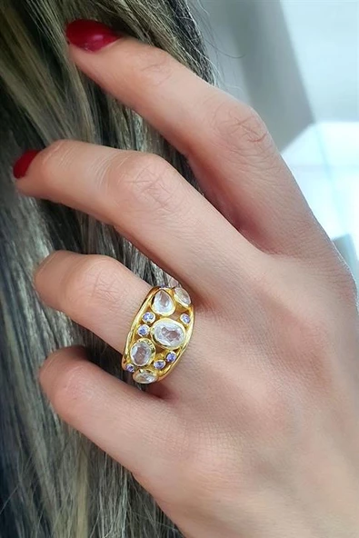 Pembe Kuvars Ve Ametist Taşlı 925Ayar Gümüş Üzerine Altın Kaplama Tasarım Doğal Taş Yüzük ürün görseli