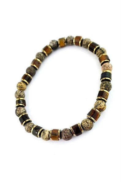 Ağaç Jasper Akik Kaplan Gözü Ve Hematit Taşlı Tasarım Doğal Taş Bileklik ürün görseli