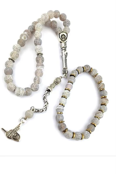 Akik Taşlı Hematit Detaylı Bileklik Ve Çelik Püsküllü Tesbih ürün görseli