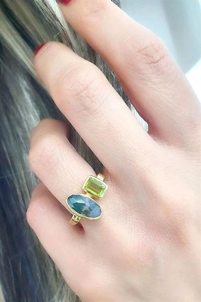 Peridot Ve Agat Taşlı 925Ayar Gümüş Üzerine Altın Kaplama Tasarım Doğal Taş Yüzük ürün görseli