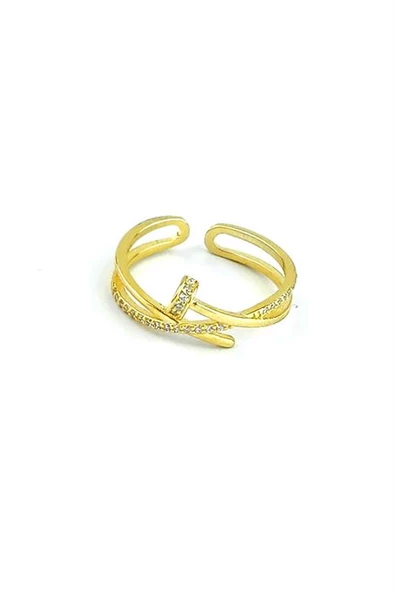 Zirkon Taş Detaylı 925 Ayar Gümüş Üzerıne Altın Kaplama Ayarlanabilir Çivi Yüzük ürün görseli