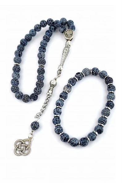 Akik Taşlı Hematit Detaylı Bileklik Ve Çelik Püsküllü Tesbih Takım ürün görseli