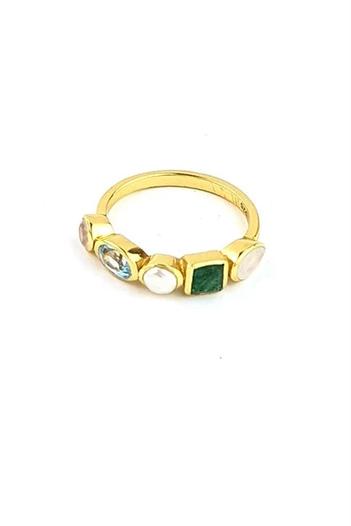 Pembe Kuvars  Aquamarin  İnci Yeşim Ve Ay Taşı 925Ayar Gümüş Üzerine Altın Kaplama Tasarım Doğal Taş Yüzük ürün görseli