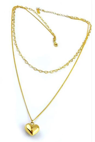 İtalyan 925 Ayar Gümüş Üzerıne Altın Kaplama İkili Bombeli Kalp Kolye ürün görseli