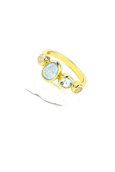 Sitrin  Aquamarin Kalsedon Ay Taşı 925Ayar Gümüş Üzerine Altın Kaplama Tasarım Doğal Taş Yüzük ürün görseli