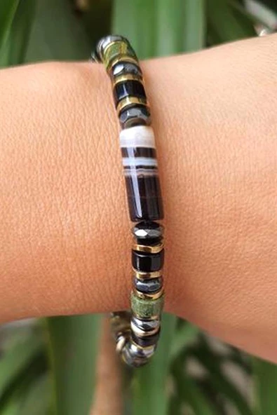 Yemen Akik Kan Taşı Hematit Oniks Taşlı Tasarım Doğal Taş Bileklik Özel Seri ürün görseli