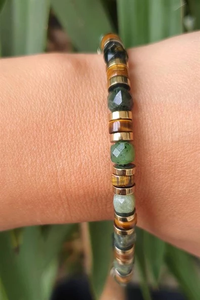 Kaplan Gözü  Yeşim Ve Hematit Taşlı El İşi Tasarım Doğal Taş Bileklik ürün görseli