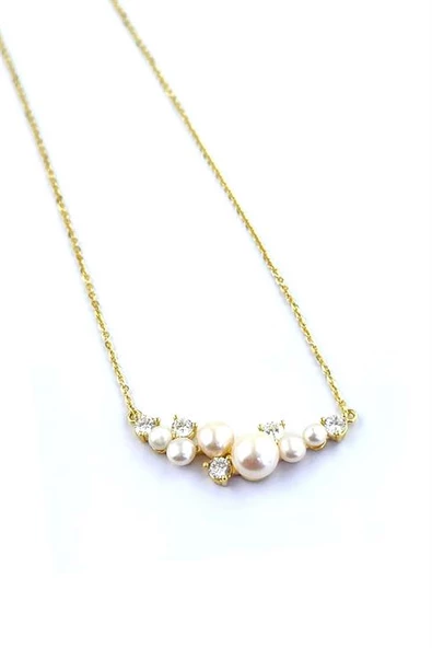 925 Ayar Gümüş Üzerıne Altın Kaplama Zirkon Taşlı Tasarım İnci Kolye ürün görseli