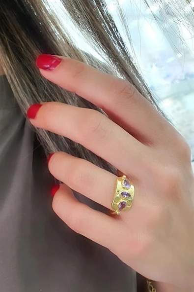 Ametist Taşlı 925Ayar Gümüş Üzerine Altın Kaplama Tasarım Doğal Taş Yüzük ürün görseli