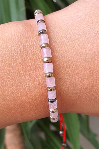 Pembe Kuvars Ve Hematit Taşlı El İşi Tasarım Doğal Taş Bileklik