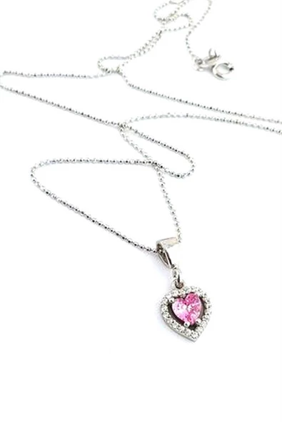 Pembe Zirkon Taşlı 925 Ayar Gümüş Kalp Kolye ürün görseli