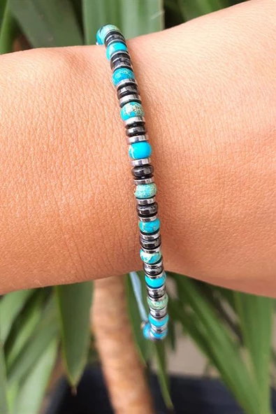 Turkuaz Ve Hematit Taşlı El İşi Tasarım Doğal Taş Bileklik ürün görseli