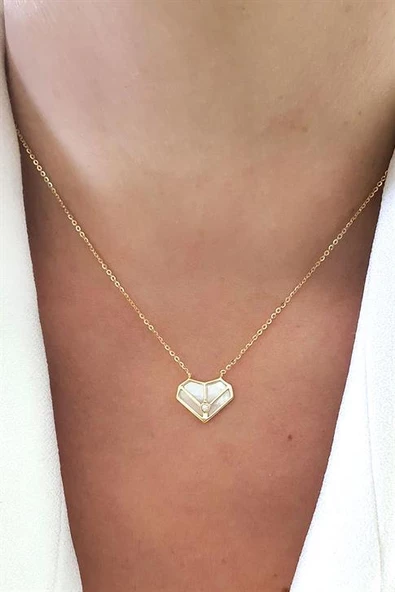 Sedef Taşlı 925Ayar Gümüş Üzerine Altın Kaplama Tasarım Kalp Kolye ürün görseli