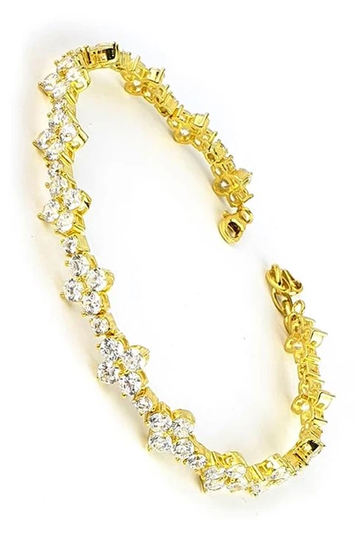 Pırlanta Parlaklığında Zirkon Taşlı 925Ayar Gümüş Üzerine Altın Kaplama Su Yolu Halhal ürün görseli