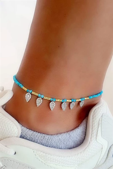 Turkuaz Taşlı 925Ayar Gümüş Üzerine Altın Kaplama Tasarım Halhal ürün görseli