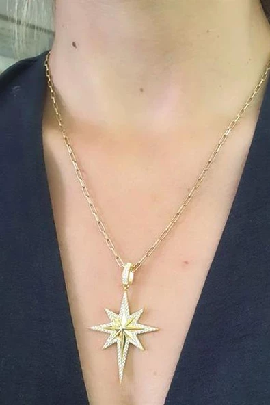 Zirkon Taş Detaylı 925Ayar Gümüş Üzerine Altın Kaplama Kutup Yıldızı 3 Boyutlu Luxury Tasarım Kolye ürün görseli