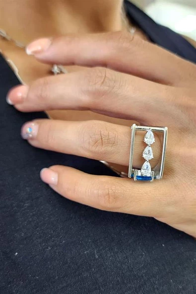 Çift Taraflı Kullanılabilir Aquamarin Ve Zirkon Taş Detaylı 925 Ayar Gümüş Tasarım Yüzük ürün görseli