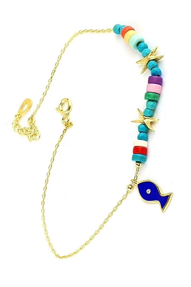 Mineli Balık Figürlü Turkuaz Taşlı 925Ayar Gümüş Üzerine Altın Kaplama Tasarım Halhal ürün görseli