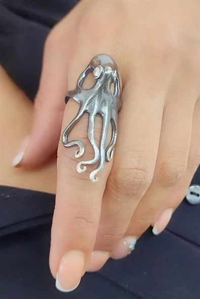Zirkon Taş Detaylı 925 Ayar Gümüş Tasarım Ayarlanabilir Ahtapot Yüzük ürün görseli
