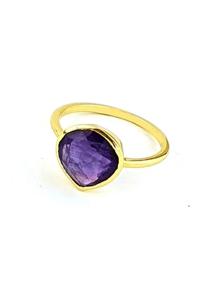 Ametist  Taşlı 925Ayar Gümüş Üzerine Altın Kaplama Tasarım Doğal Taş Yüzük ürün görseli