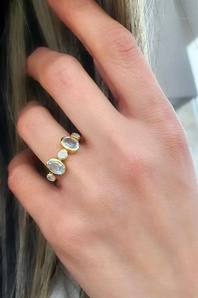 Aquamarin Ve Ay Taşlı 925Ayar Gümüş Üzerine Altın Kaplama Tasarım Doğal Taş Yüzük ürün görseli