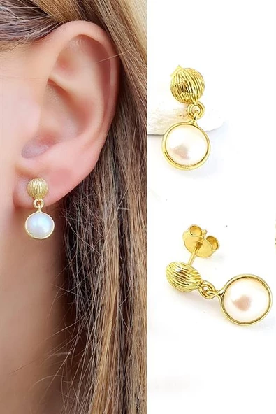 925Ayar Gümüş Üzerine Altın Kaplama Sallantılı Inci Küpe ürün görseli