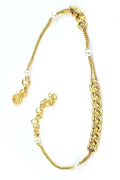 İtalyan 925Ayar Gümüş Üzerine Altın Kaplama Zincir Detaylı İncili Bileklik ürün görseli