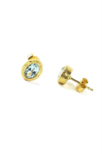 Mavi Topaz Taşlı 925Ayar Gümüş Üzerine Altın Kaplama Tasarım Doğal Taş Oval Küpe ürün görseli