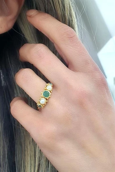 Yesim İnci Ve Aquamarin Taşlı 925Ayar Gümüş Üzerine Altın Kaplama Tasarım Doğal Taş Yüzük ürün görseli