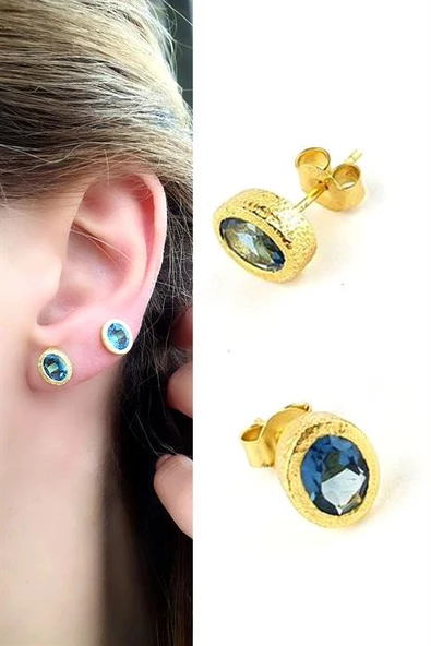 Aquamarin Taşlı 925Ayar Gümüş Üzerine Altın Kaplama Tasarım Doğal Taş Oval Küpe ürün görseli