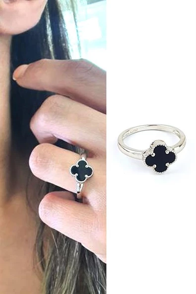 Oniks Taşlı 925 Ayar Gümüş Yonca Yüzük ürün görseli